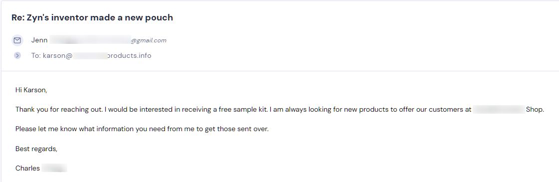 Retailer reply from Sesh Products